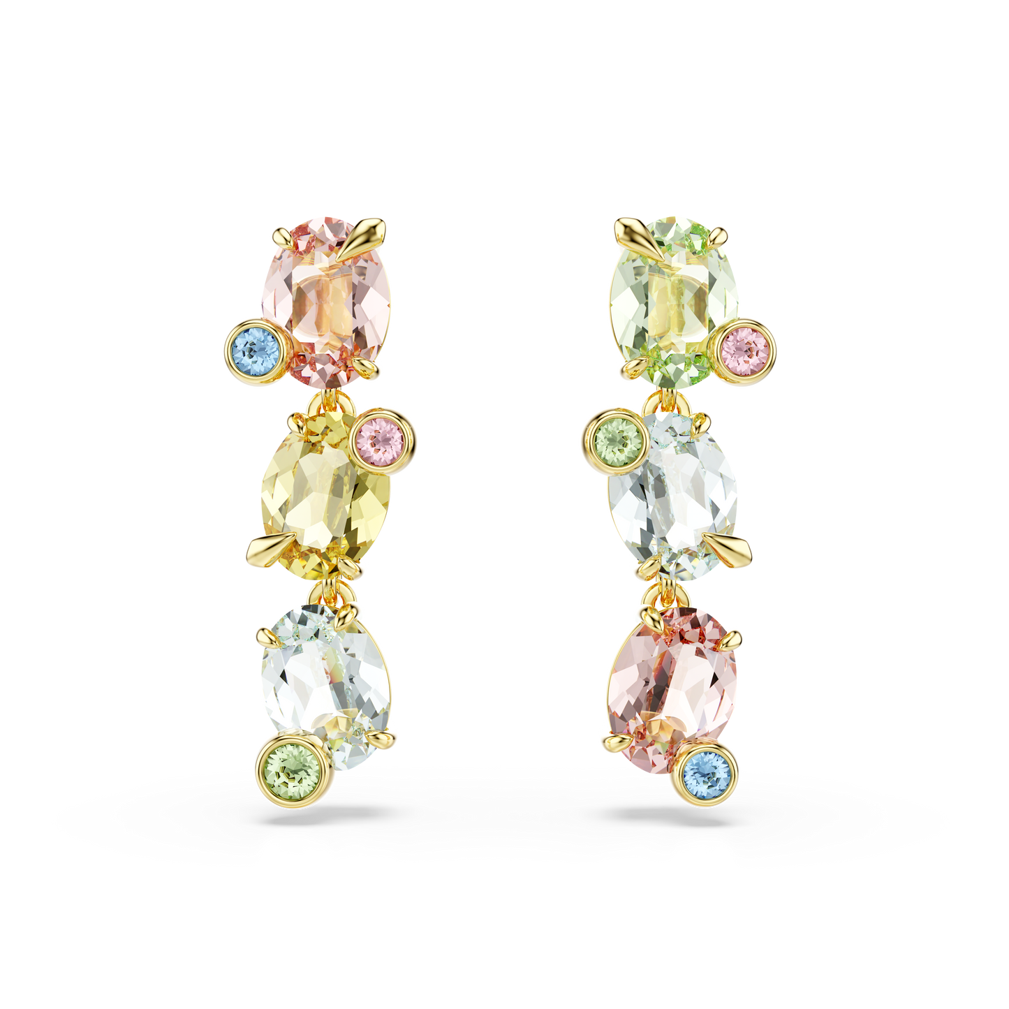 Swarovski Gema drop earrings, Asymmetrical design, Mixed cuts, Multicolored, Gold-tone plated