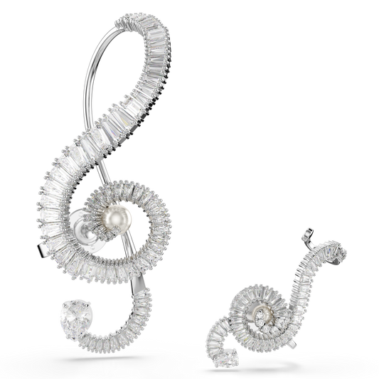 Swarovski Ariana Grande x Swarovski clip earrings, Asymmetrical design, Crystal pearl, Baguette cut, White, Rhodium plated