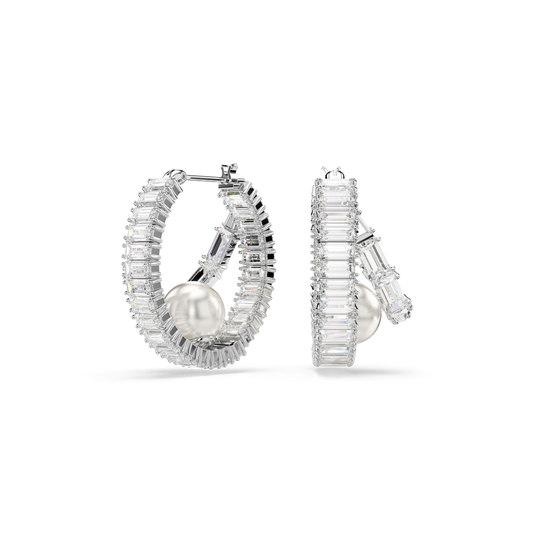 Swarovski Ariana Grande x Swarovski hoop earrings, Crystal pearl, Baguette cut, White, Rhodium plated