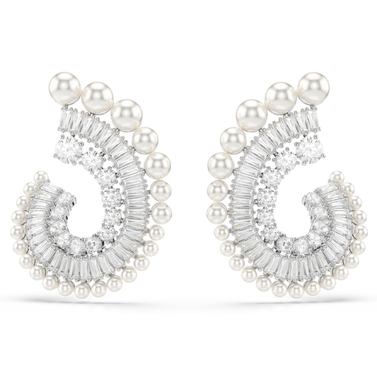 Swarovski Ariana Grande x Swarovski drop earrings, Crystal Pearl, Mixed cuts, White, Rhodium plated
