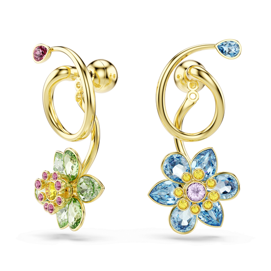 Idyllia drop earrings, Asymmetrical design, Mixed cuts, Flower, 18K gold finish