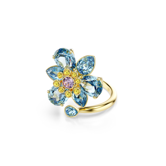 Swarovski Idyllia open ring, Mixed cuts, Flower, Blue, Gold-tone plated