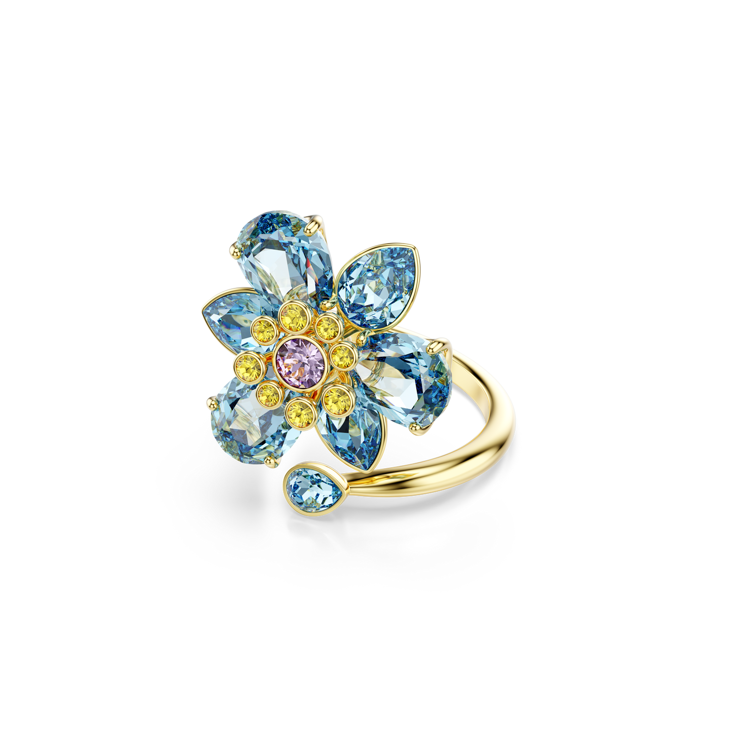 Swarovski Idyllia open ring, Mixed cuts, Flower, Blue, Gold-tone plated