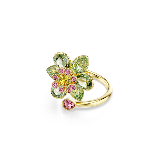 Swarovski Idyllia open ring, Mixed cuts, Flower, Green, Gold-tone plated