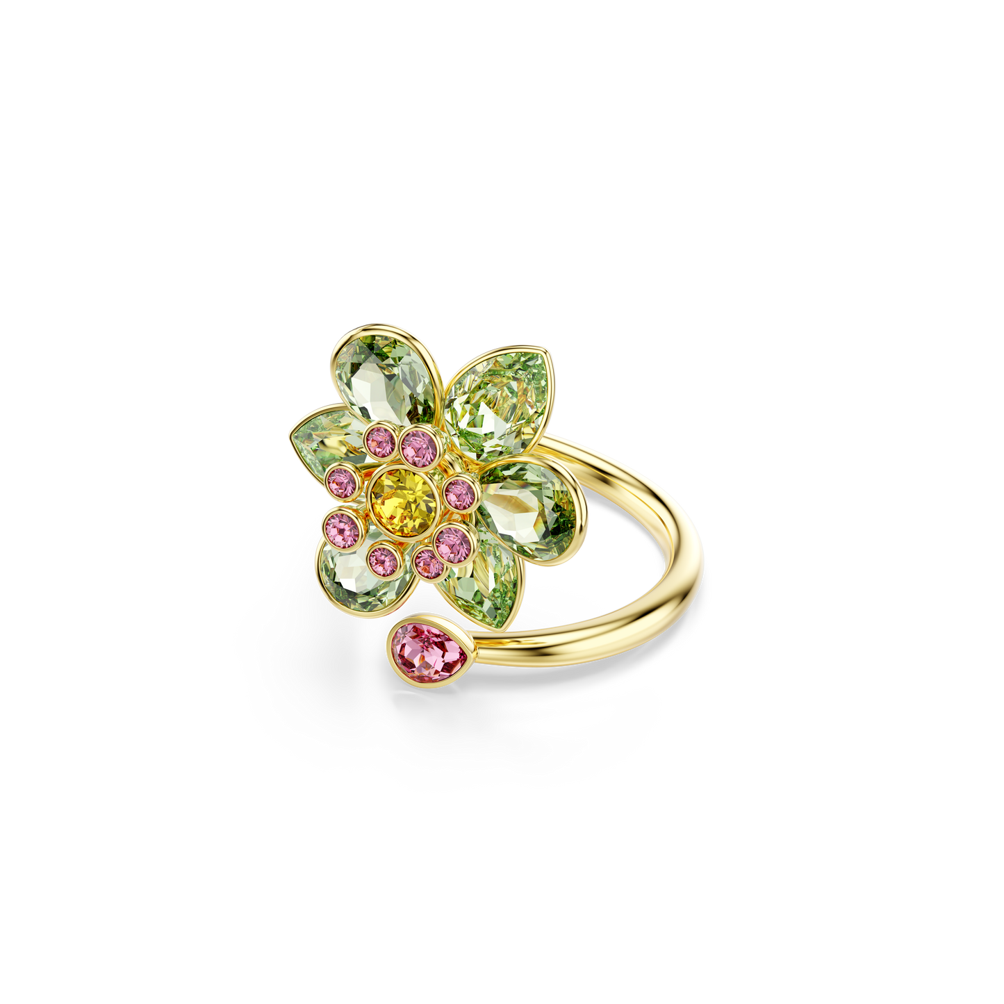 Swarovski Idyllia open ring, Mixed cuts, Flower, Green, Gold-tone plated