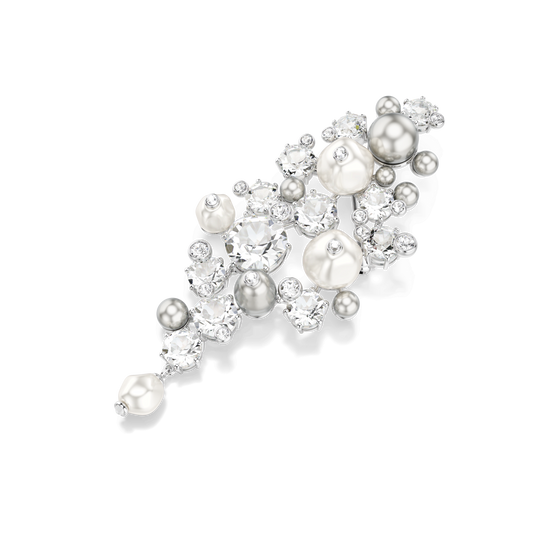 Constella brooch, Crystal pearl, Round cut, White, Rhodium plated
