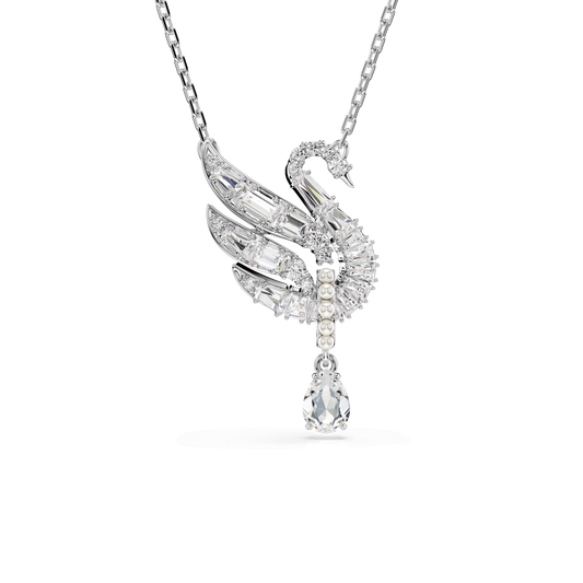 Swan pendant, Swan, White, Rhodium plated