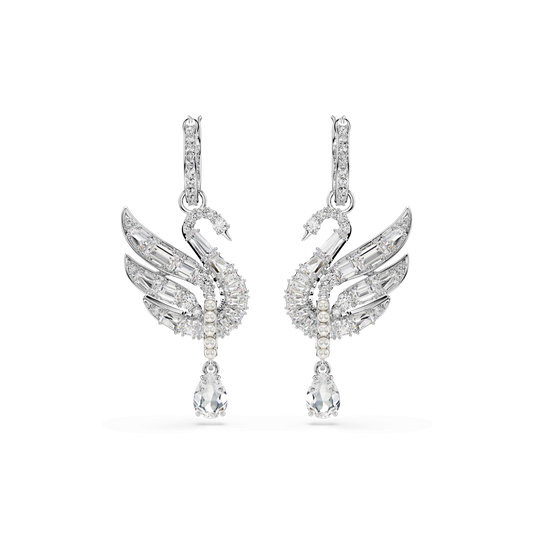 Swan earrings, Swan, White, Rhodium plated