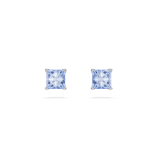 Swarovski Matrix stud earrings, Square cut, Blue, Rhodium plated