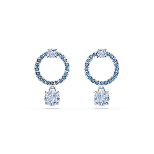 Swarovski Attract drop earrings, Round cut, Blue, Rhodium plated