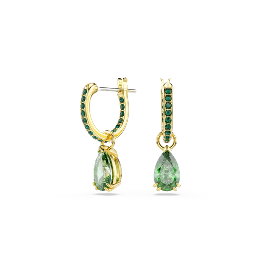 Swarovski Attract drop earrings, Pear cut, Green, Gold-tone plated