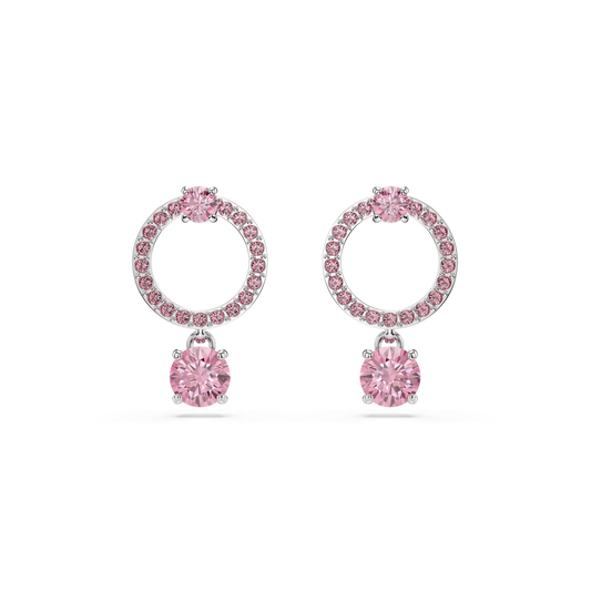 Swarovski Attract drop earrings, Round cut, Pink, Rhodium plated