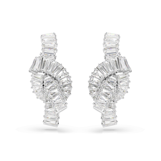 Matrix earrings, Baguette cut, Knot, White, Rhodium plated