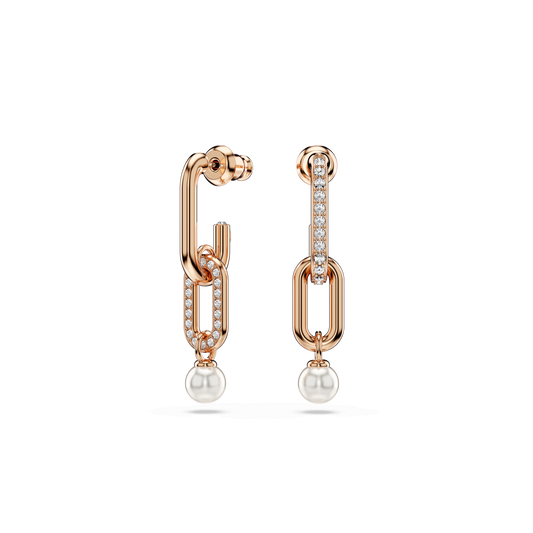 Constella drop earrings, Crystal pearl, Round cut, White, 18K rose gold finish