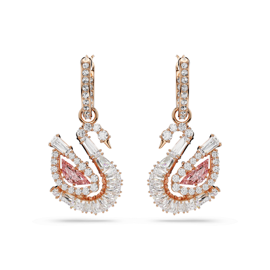 Swan drop earrings, Pavé, Swan, Pink, 18K rose gold finish