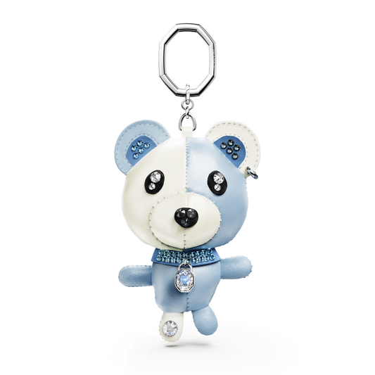 Teddy bag charm, Bear, Blue, Rhodium plated