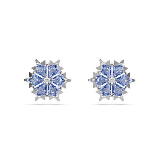 Magic stud earrings, Snowflake, Blue, Rhodium plated