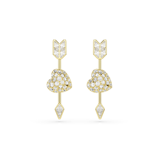 Idyllia drop earrings, Mixed cuts, Heart with arrow, White, 18K gold finish