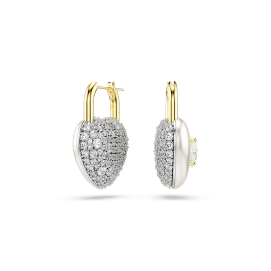 Idyllia drop earrings, Mixed cuts, Heart, White, 18K gold finish