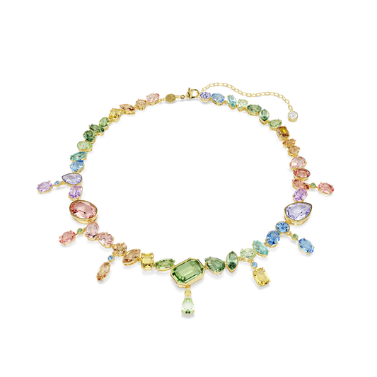Gema necklace, Mixed cuts, Dangling crystals, Multicolored, 18K gold finish
