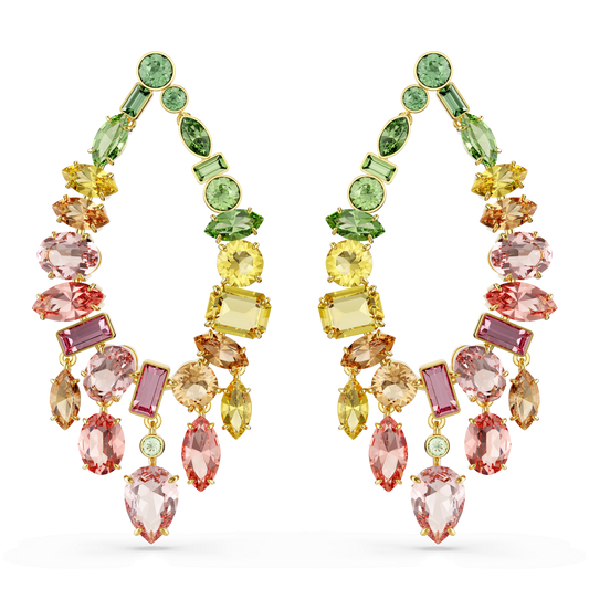 Gema drop earrings, Mixed cuts, Chandelier, Multicolored, 18K gold finish