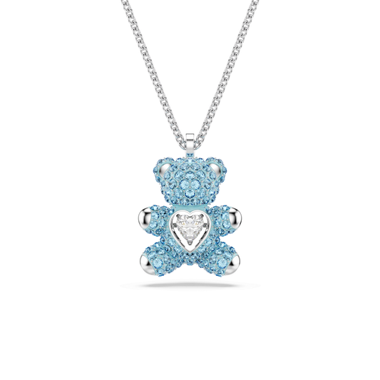 Teddy pendant, Bear, Blue, Rhodium plated