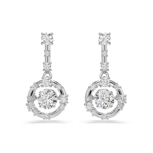 Constella drop earrings, Round cut, Dancing stone, White, Rhodium plated