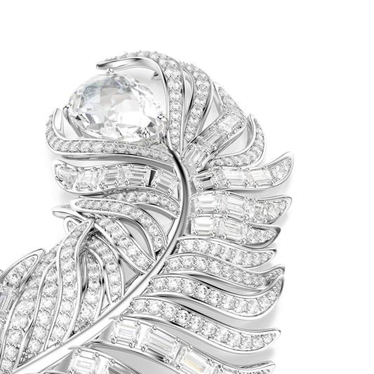 Vienna brooch, Mixed cuts, Feather, White, Rhodium plated