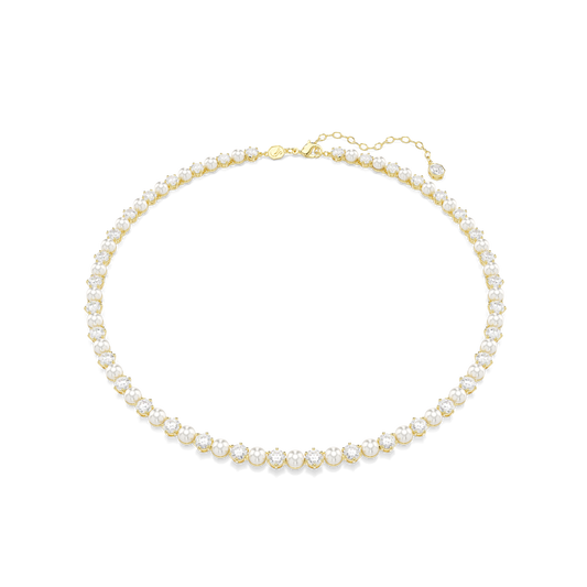 Matrix Tennis necklace, Crystal pearl, Round cut, White, 18K gold finish