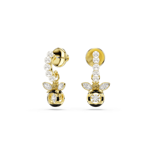 Idyllia drop earrings, Crystal pearl, Mixed cuts, Bee, Multicolored, 18K gold finish