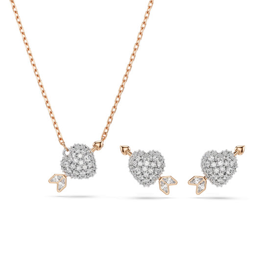 Idyllia set, Mixed cuts, Heart with arrow, White, 18K rose gold finish