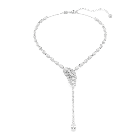 Vienna Y necklace, Mixed cuts, Feather, White, Rhodium plated
