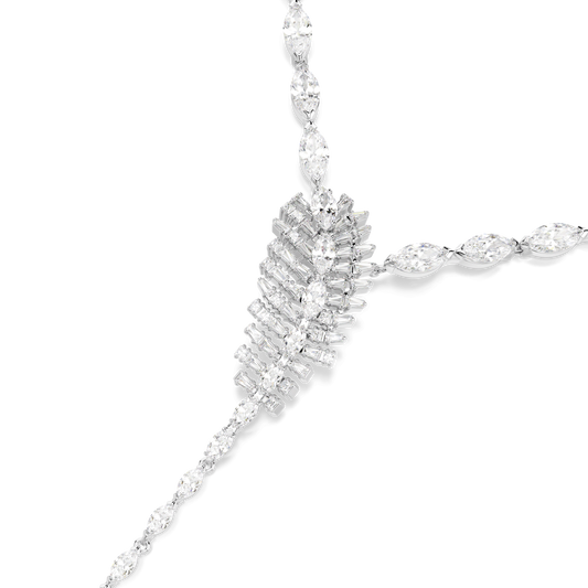 Vienna Y necklace, Mixed cuts, Feather, White, Rhodium plated