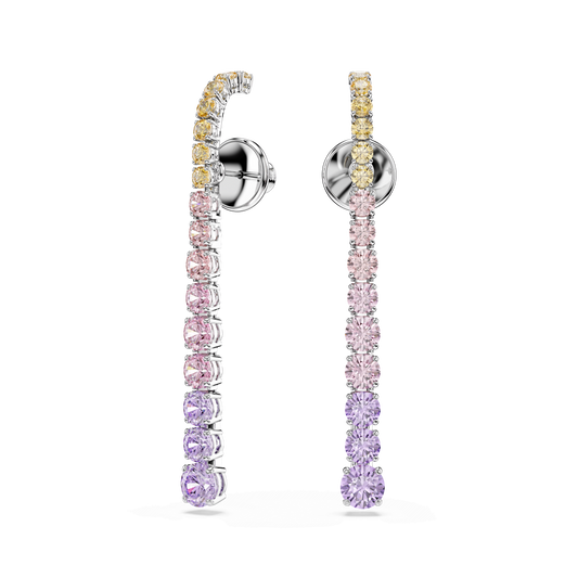 Matrix drop earrings, Gradient of round cuts, Multicolored, Rhodium plated