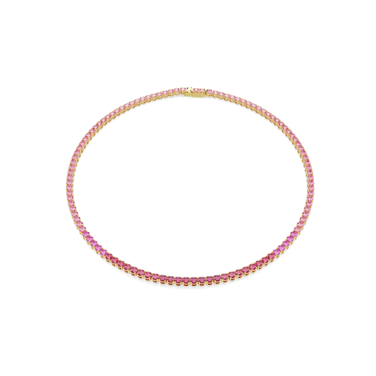 Matrix Tennis necklace, Round cut, Pink, 18K gold finish