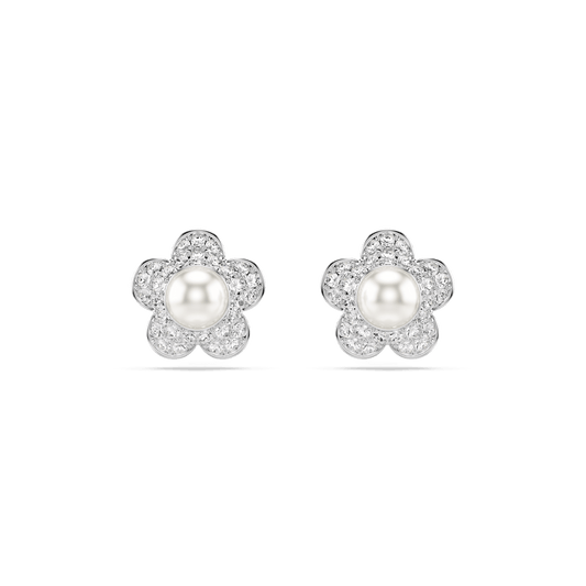 Ariana Grande x Swarovski stud earrings, Crystal Pearl, Round cut, Flower, White, Rhodium plated