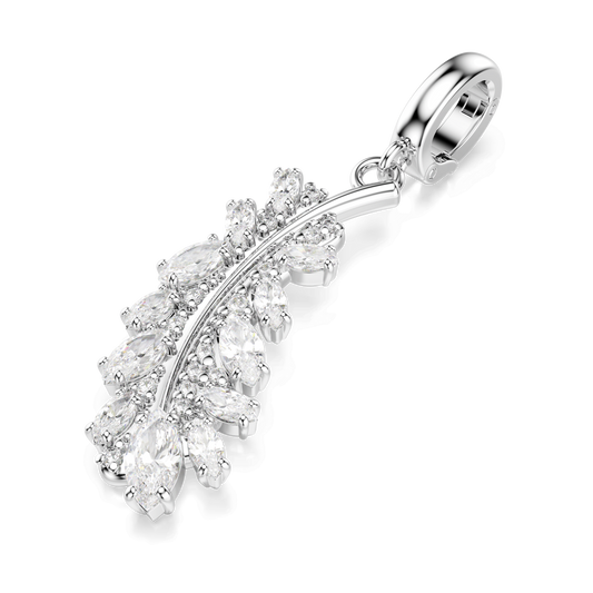 Vienna charm, Mixed cuts, Feather, White, Rhodium plated