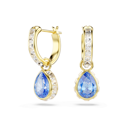Chroma drop earrings, Pear cut, Blue, 18K gold finish