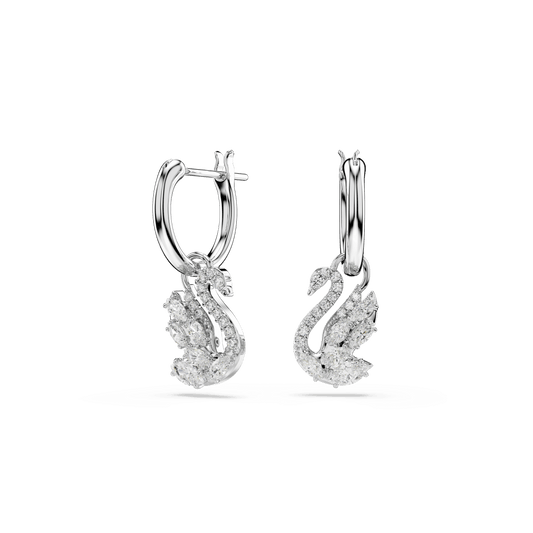 Swan drop earrings, Mixed cuts, Swan, White, Rhodium plated