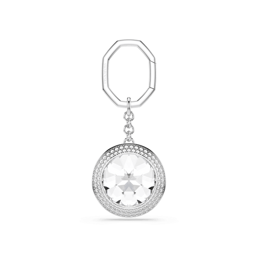 Bag charm, Round cut, White, Rhodium plated
