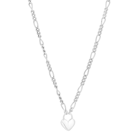 Royal Chain Silver Heart Padlock Figaro Necklace AGC17188