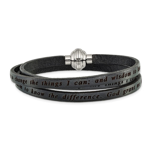 AMEN Stainless Steel Serenity Prayer Black Leather Wrap with Magnetic Clasp 23.5 Inch Bracelet BF3225-MD
