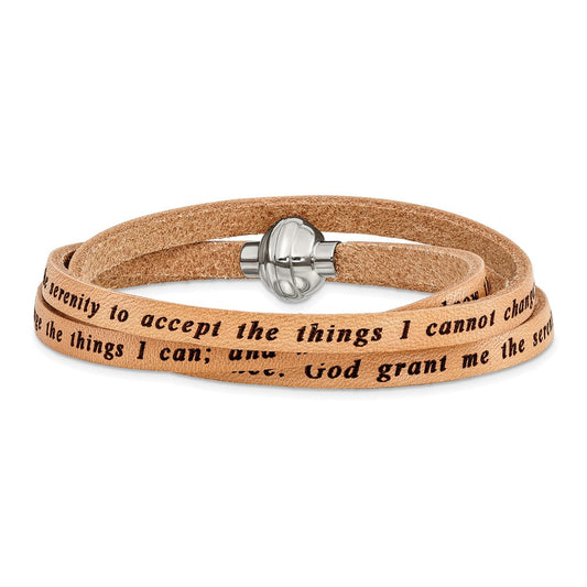 AMEN Stainless Steel Serenity Prayer Tan Leather Wrap with Magnetic Clasp 22.25 Inch Bracelet BF3227-MD