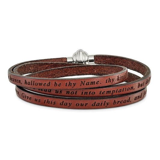 AMEN Stainless Steel Lord's Prayer Brown Leather Wrap with Magnetic Clasp with Magnetic Clasp 23.5 Inch Bracelet BF3232-MD