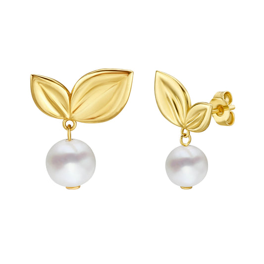 Royal Chain 14K Cherry Leaf & Pearl Drop Studs E15507
