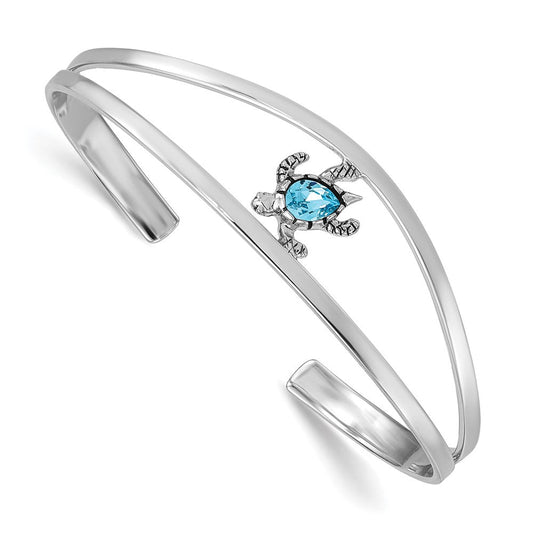 Sterling Silver Rhodium-plated Polished and Antiqued Blue Crystal Turtle Bangle PLB-325