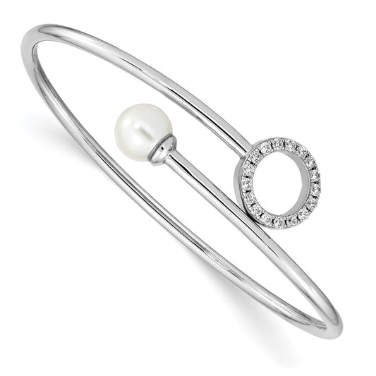 Sterling Silver Rh-pl Imitation Shell Pearl and CZ Flexible Bangle QB1236