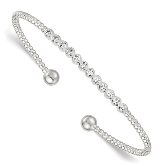 Sterling Silver Polished and Beaded Bezel Set CZ Bar Cuff Bangle QB1587