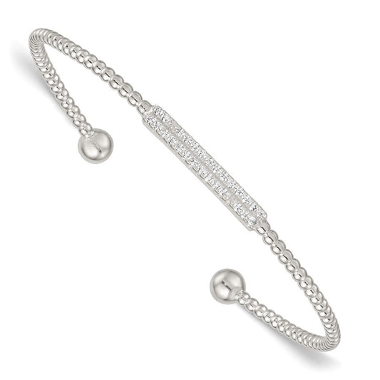 Sterling Silver Polished and Beaded CZ Bar Cuff Bangle QB1588