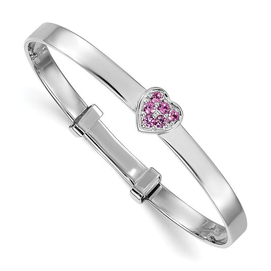 Sterling Silver Rhodium-plated Polished Pink CZ Heart Childrens Expandable Bangle QB1638